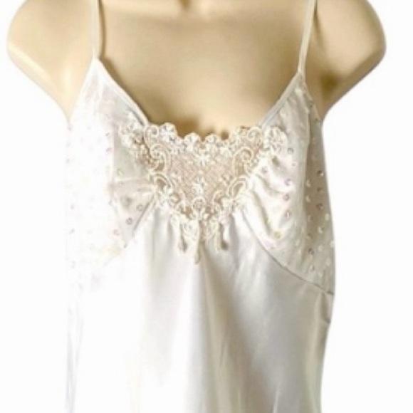 Vintage Dresses & Skirts - Vintage White Satin Midi Babydoll Slip Dress Lace Sequins Beaded